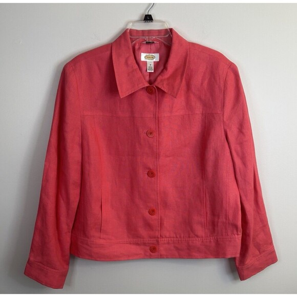 TALBOTS Irish Linen Blazer Women 18 Pink Jacket Lined Crop Button Pocket Office - Picture 1 of 13